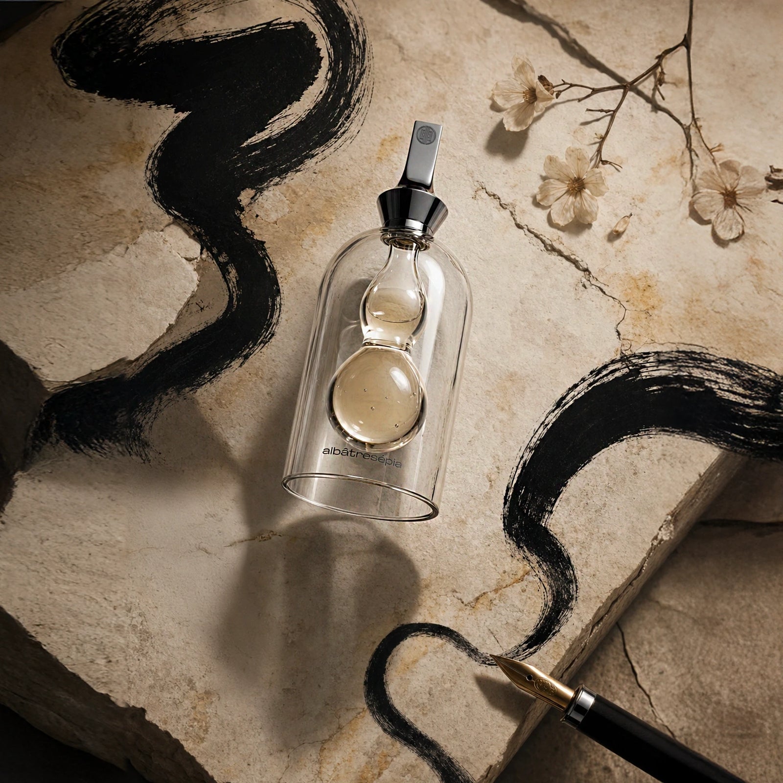 Albatre Sepia bottle flat-lay on travertine stone with ink strokes and magnolia