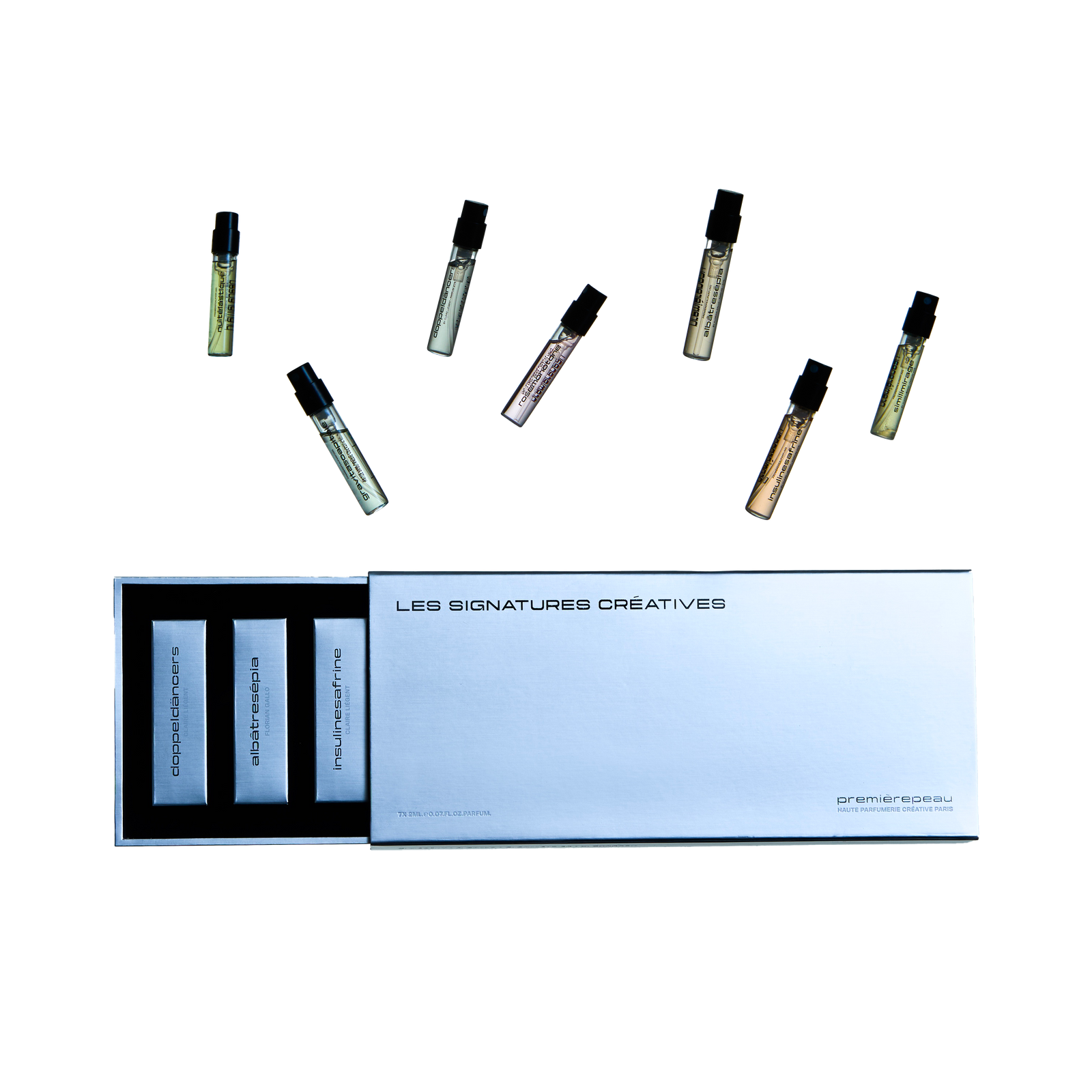 Première Peau Discovery Set — Les Signatures Créatives, seven 2ml extrait de parfum vials with silver presentation box