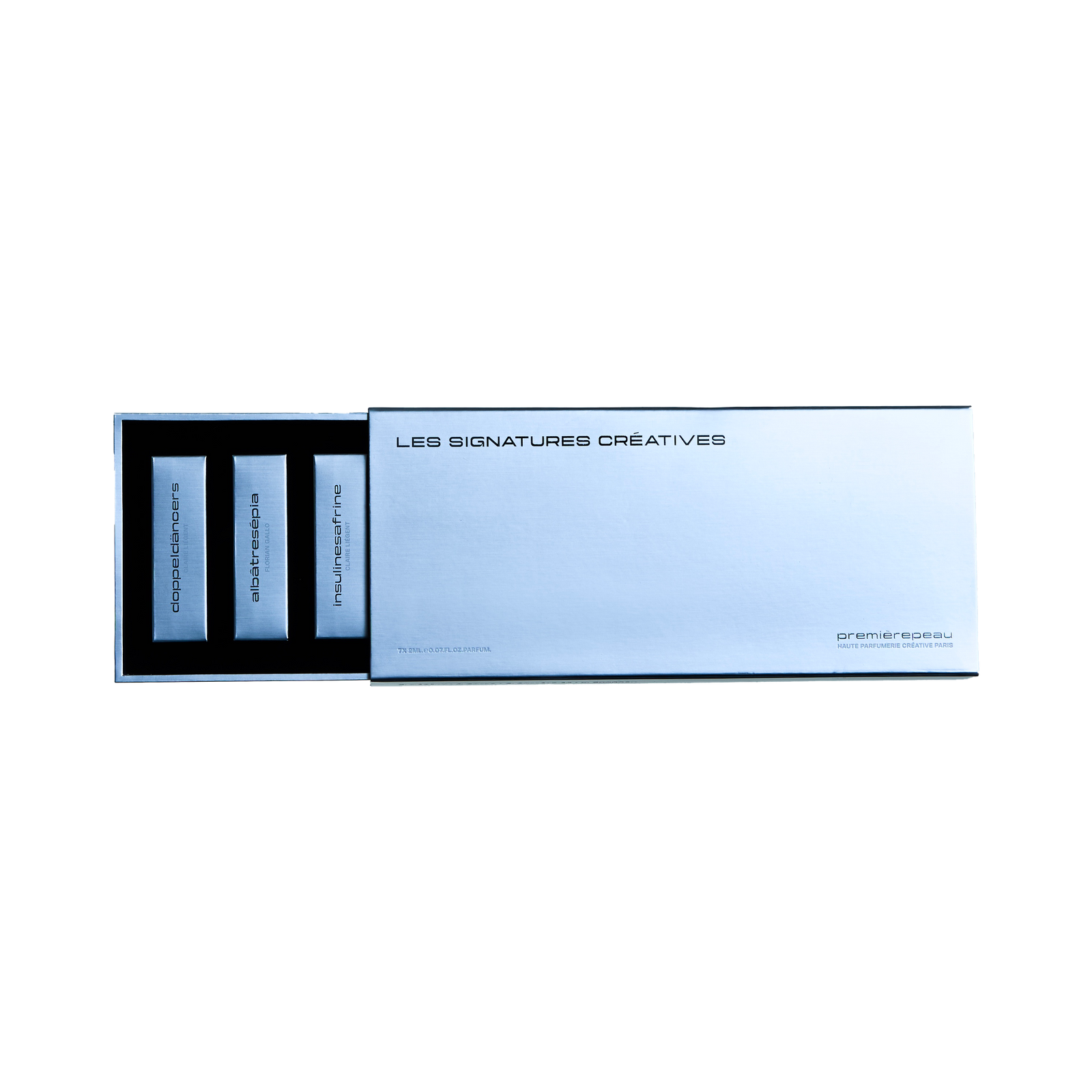 Première Peau Discovery Set — Les Signatures Créatives silver presentation box open, 7×2ml