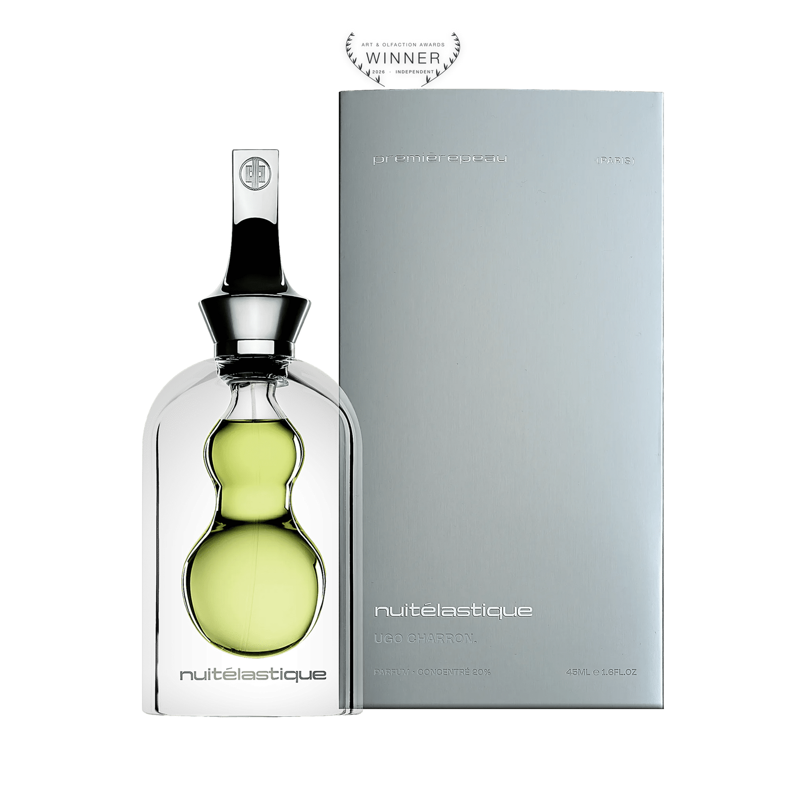 Nuit Élastique jasmine and olive extrait de parfum, 90ml flacon with recycled zamak magnetic cap · Art & Olfaction Awards 2026 Winner