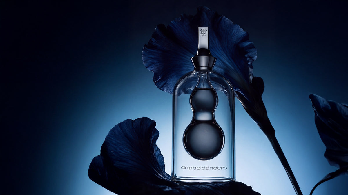 Doppel Dancers among dark iris petals